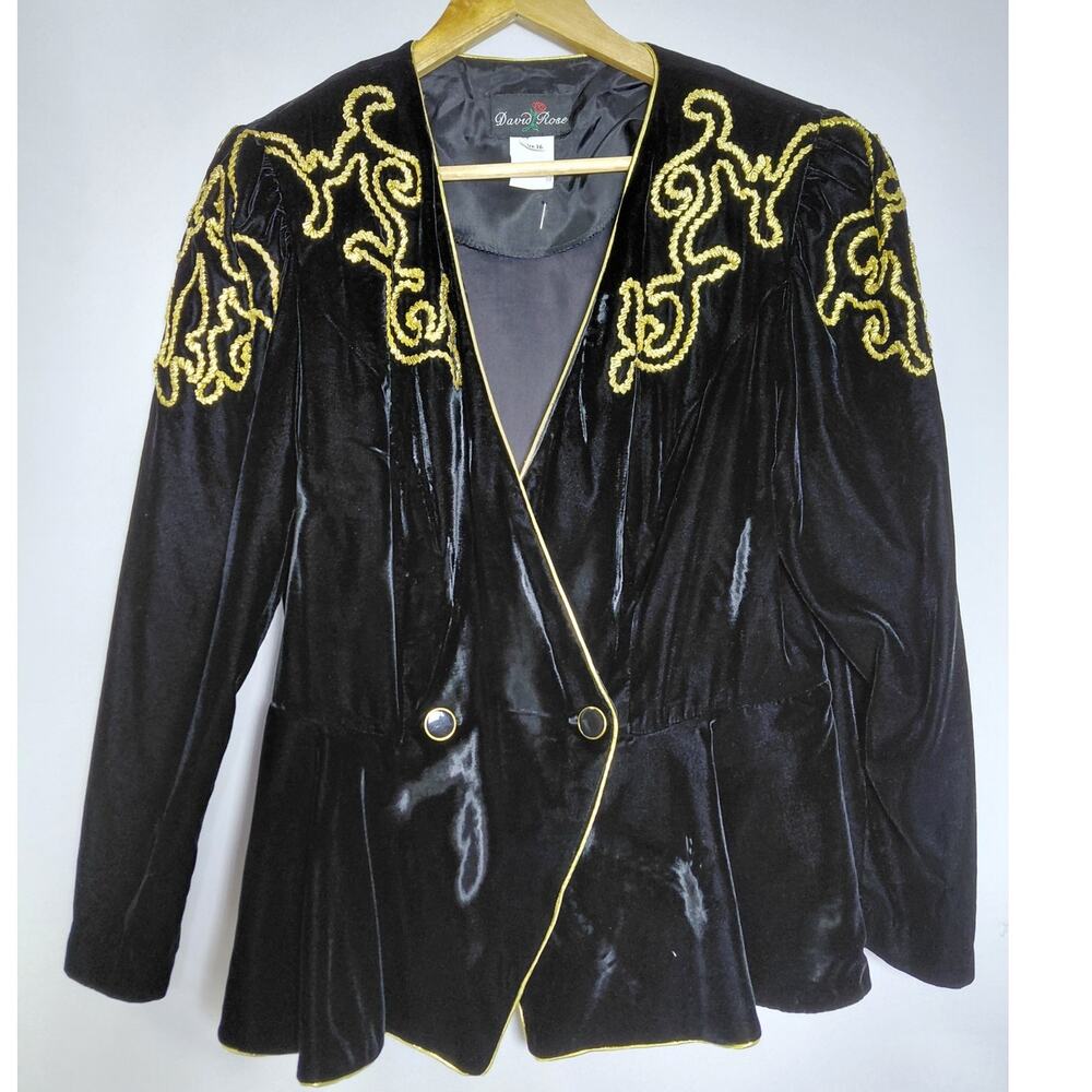David Rose Embroidered Velvet Jacket Black Solid Long Sleeve Women Size 16